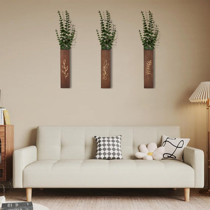 Wooden Wall Planter Set of 4 - Modern Home Decor for Living Room, Bedroom, Bathroom - Walnut Finish Planter for Dried Flowers, Faux Greenery, Indoor Plants