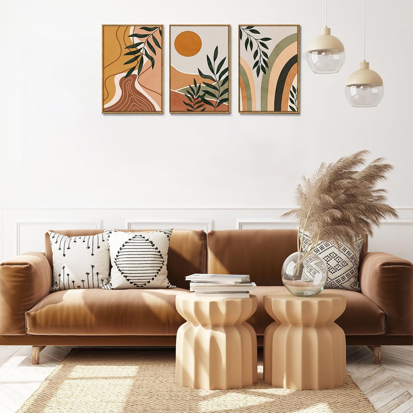 Bwodke Boho Wall Art, Framed Abstract Wall Art, Green Botanical Neutral Canvas Wall Decor, Large Mid Century Plant Pictures Set of 3, Modern Minimalist Paintings, for Bedroom Living Room Bathroom