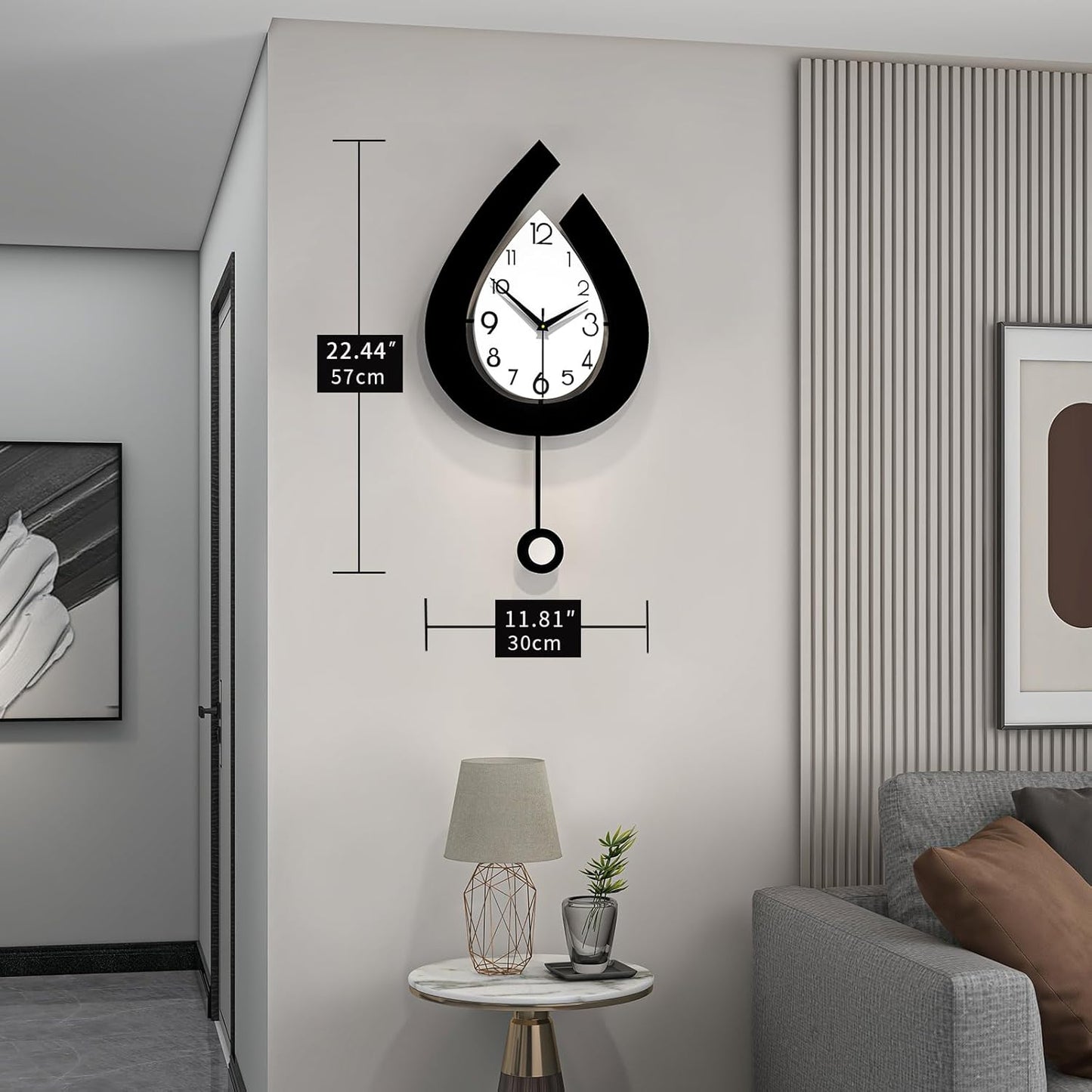 Decorative Wall Clock for Living Room Decor Large Modern Wall Clocks with Pendulum Battery Operated for Bedroom Office Kitchen Home Small Black Silent Wall Clock Non Ticking 11.8*22.4 Inch