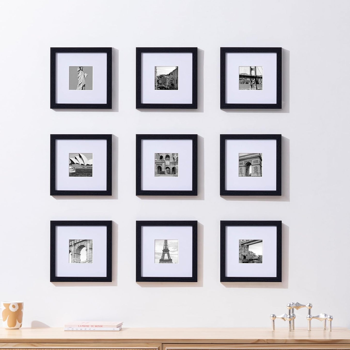 eletecpro 12x12 Picture Frames Set of 9 with Clear Acrylic Cover, Display 8x8 Photos with Mat or 12x12 Without, Classic and Sturdy Square Collage Gallery Wall Decor, Easy Wall Mount, Black