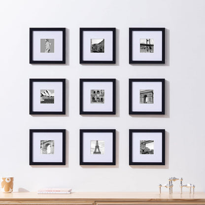 eletecpro 12x12 Picture Frames Set of 9 with Clear Acrylic Cover, Display 8x8 Photos with Mat or 12x12 Without, Classic and Sturdy Square Collage Gallery Wall Decor, Easy Wall Mount, Black
