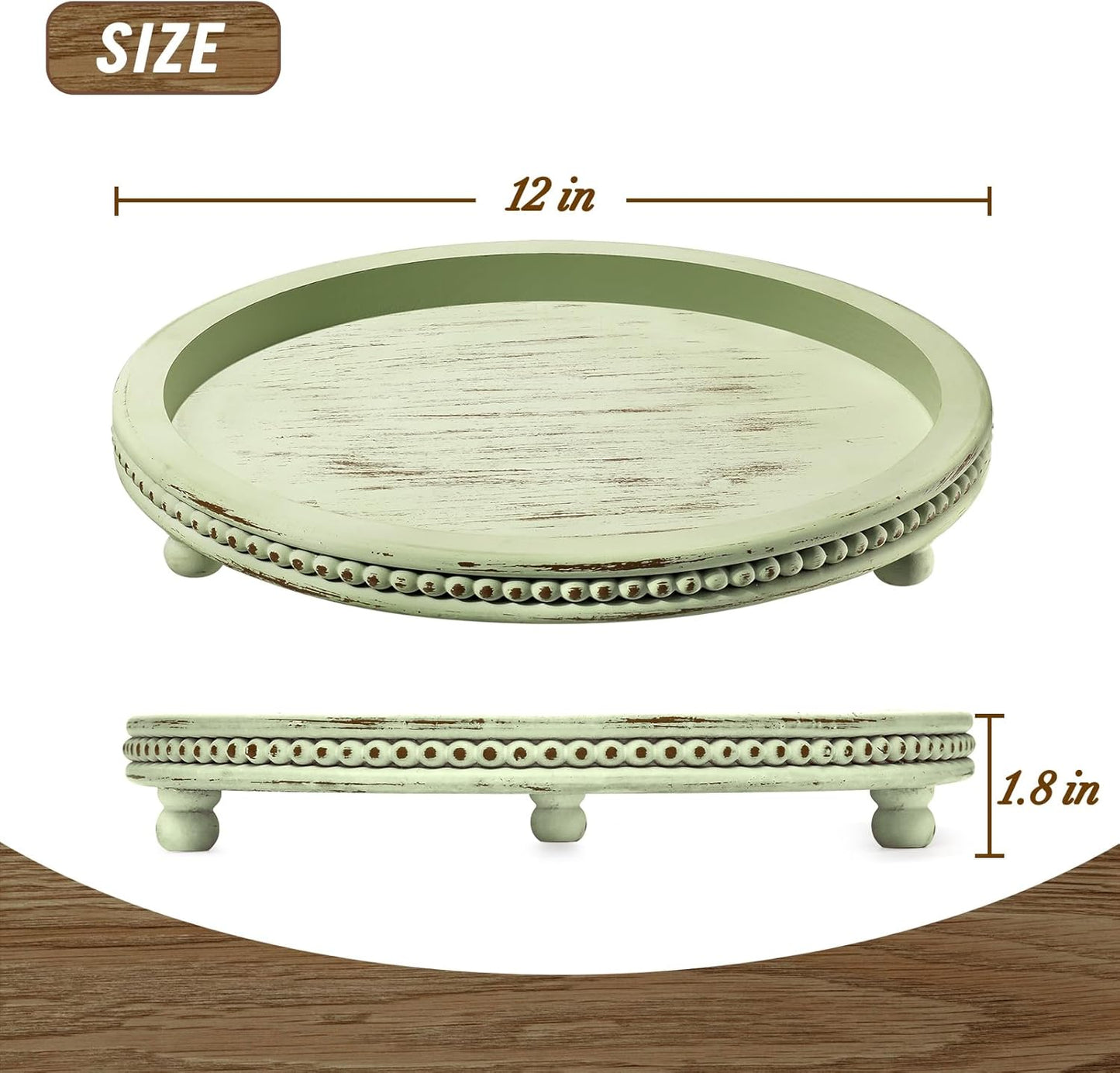 KULEDM Handmade Wooden Decorative Tray, Small Beaded Coffee Table Tray Decor, Sage Round Serving Tray for Coffee Table, Dining Room Table Entryway and Living Room Table