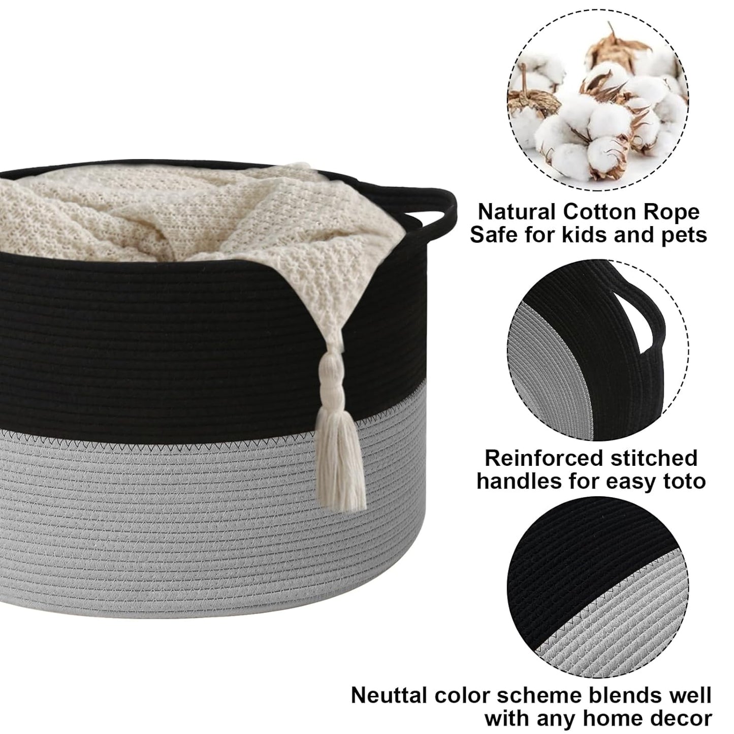 Large Woven Blanket Basket,65L Cotton Rope Laundry Basket Hamper with Handles, Decorative Nursery Basket Storage Bin for Toys, Clothes Organizer, Living Room, Bedroom, Bathroom, White & Brown