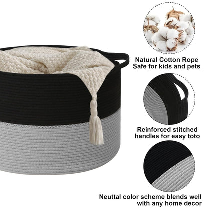 Large Woven Blanket Basket,65L Cotton Rope Laundry Basket Hamper with Handles, Decorative Nursery Basket Storage Bin for Toys, Clothes Organizer, Living Room, Bedroom, Bathroom, White & Brown