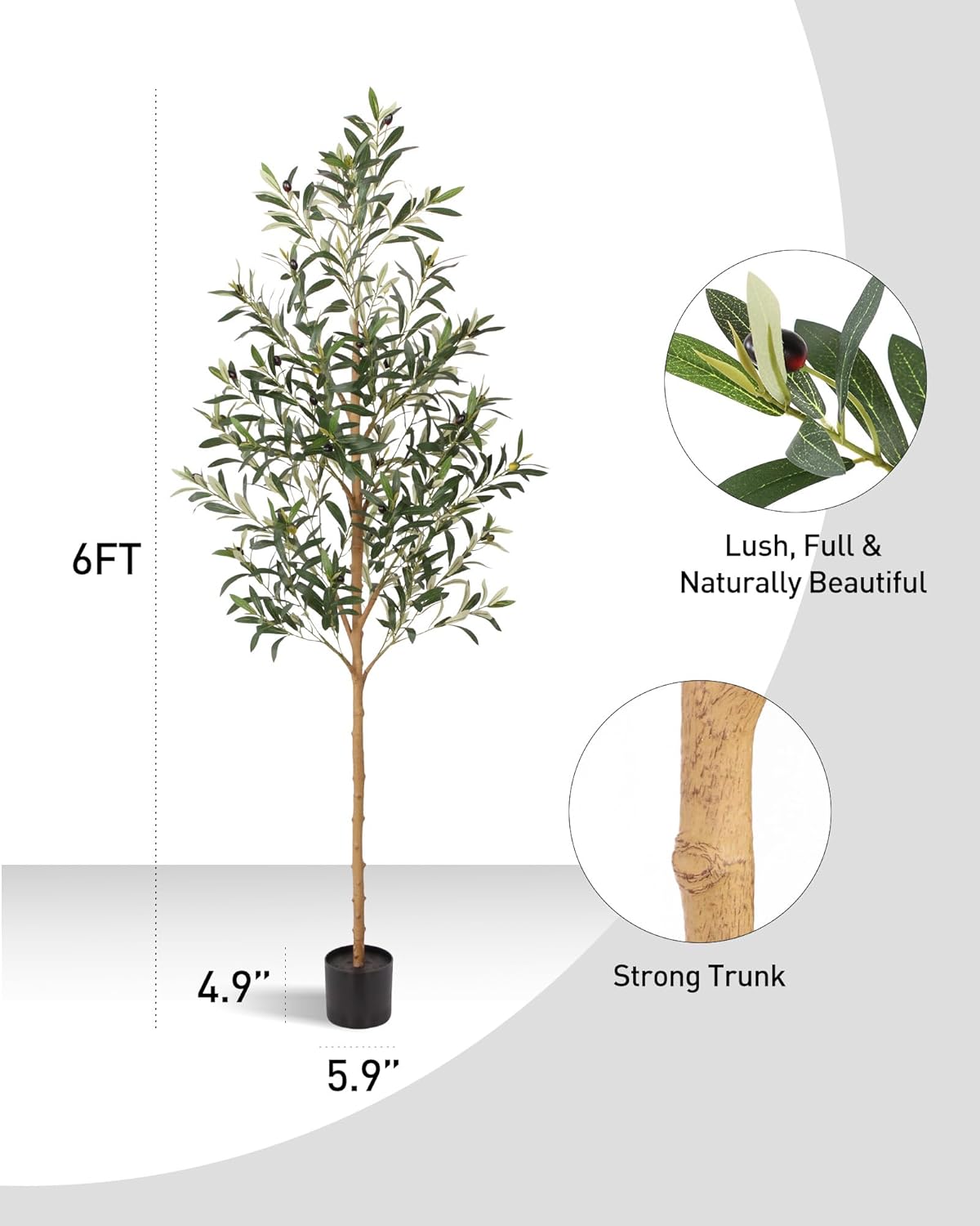 FLOWORLD 6FT Olive Trees Artificial Indoor, Tall Faux Olive Tree 6FT (72in) with Natural Wood Trunk & Realistic Olives, Stable Base, Pet Friendly Artificial Plant for Home Office, Living Room, Outdoor