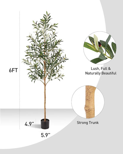 FLOWORLD 6FT Olive Trees Artificial Indoor, Tall Faux Olive Tree 6FT (72in) with Natural Wood Trunk & Realistic Olives, Stable Base, Pet Friendly Artificial Plant for Home Office, Living Room, Outdoor