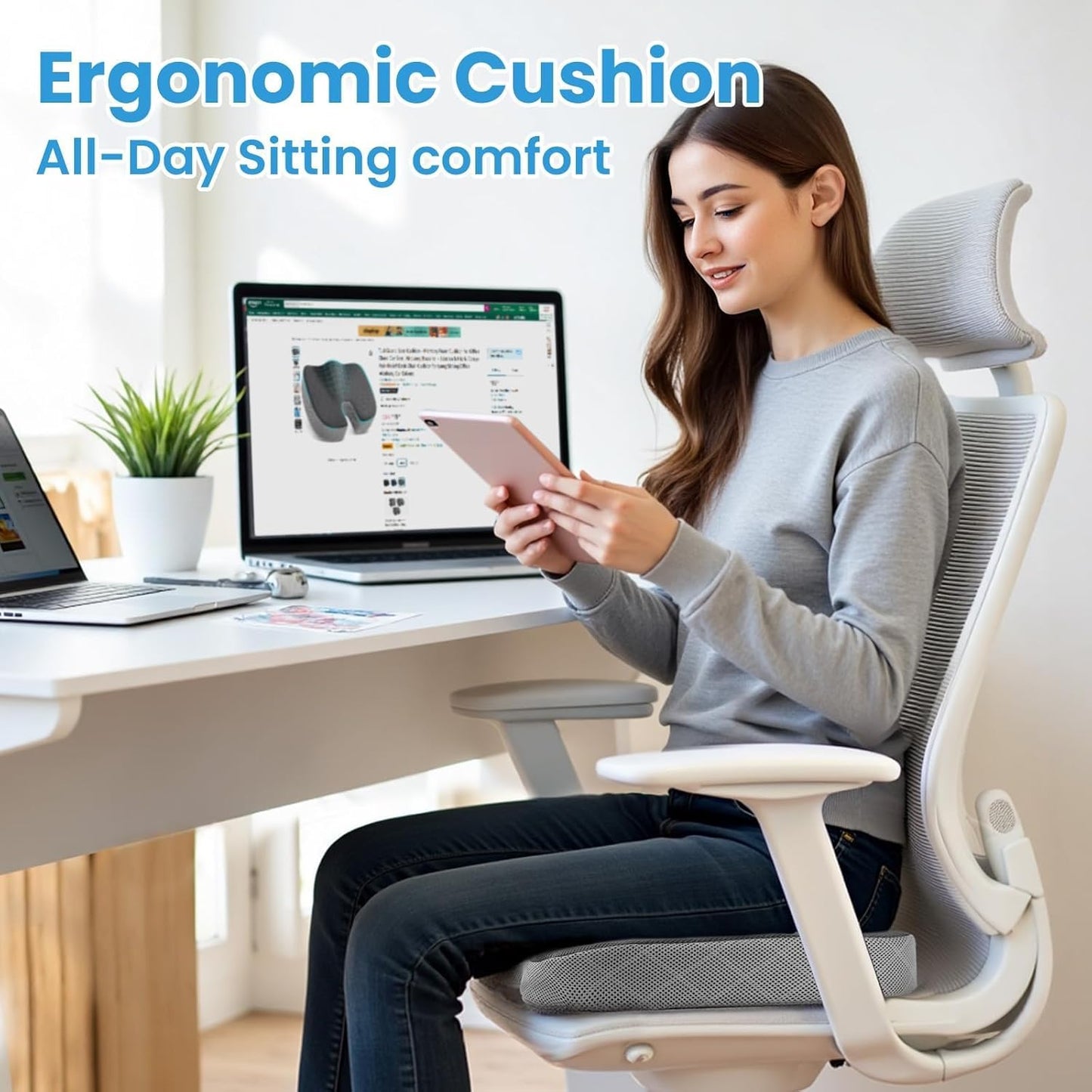 TushGuard Seat Cushion - Memory Foam Cushion for Office Chair, Car Seat, Airplane, Bleacher - Sciatica & Hip & Coccyx Pain Relief Desk Chair Cushion for Long Sitting Office Workers, Car Drivers