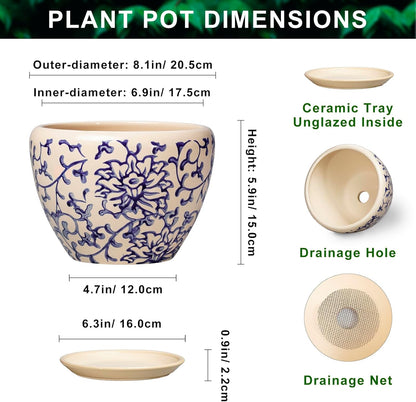 6 Inch Plant Pot - Ceramic Pots for Plants with Drainage Hole and Saucer, Round Succulent Planter Indoor Outdoor, Modern Flower Pot for Snake Plants, Home Decor, Gifts for Plant Lover, Blue