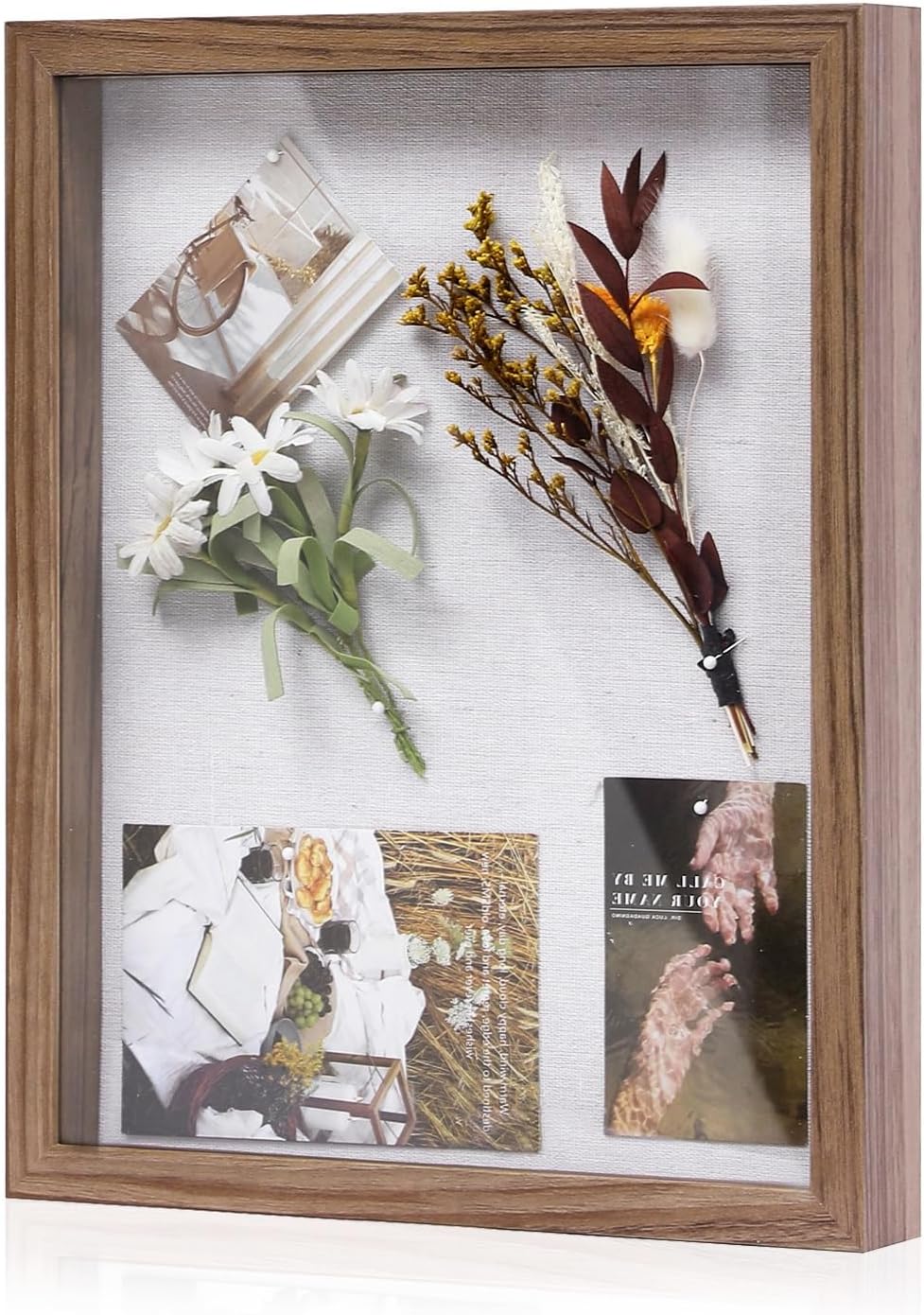 Muzilife 8x8 Shadow Box Picture Frame with Linen Board - Deep Wood & Glass Display Case Ready to Hang Memory Box Baby Sports Memorabilia, Pins, Awards, Medals, Wedding, Tickets and Photos (Black)