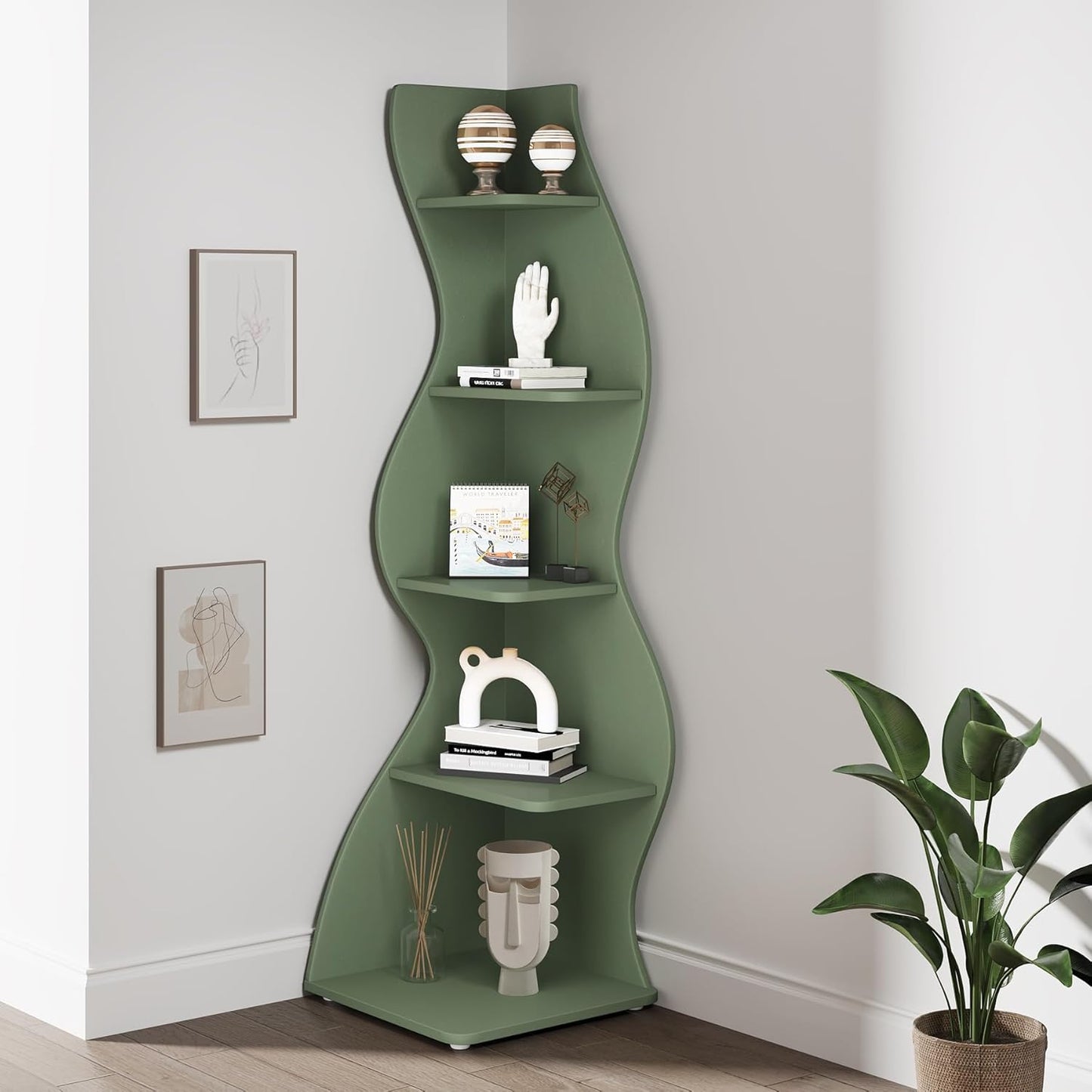 Tribesigns Corner Shelf, Modern 5-Tier Wall Corner Bookshelf, Stylish Corner Small Bookcase Storage Rack Plant Stand with Unique Shape for Living Room, Home Office (White, 1PC)