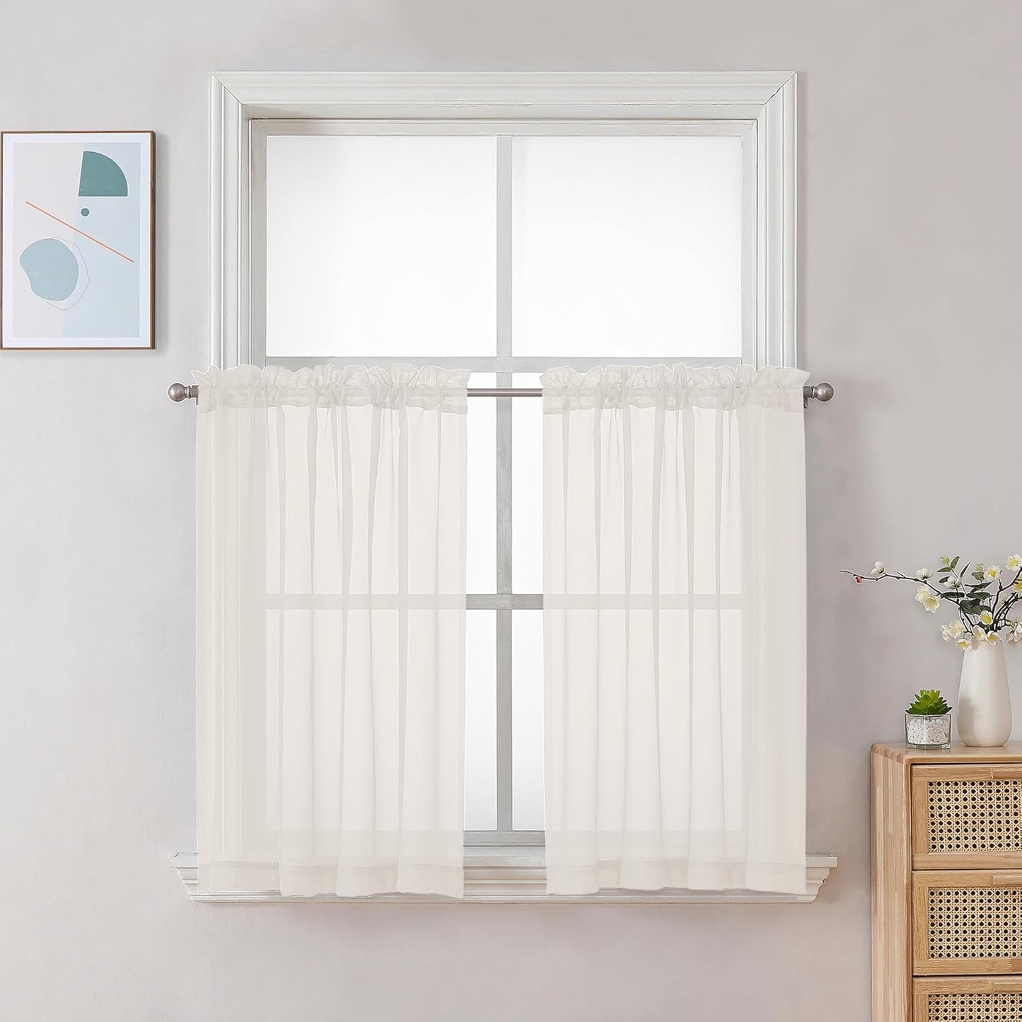Chyhomenyc Sheer White Valances for Windows 2 Pack, Small Window Curtains for Living Room Bathroom Cafe Laundry Basement, Modern Top Dual Rod Pocket Voile Curtain, 42W x 14L inches, White - Colors C