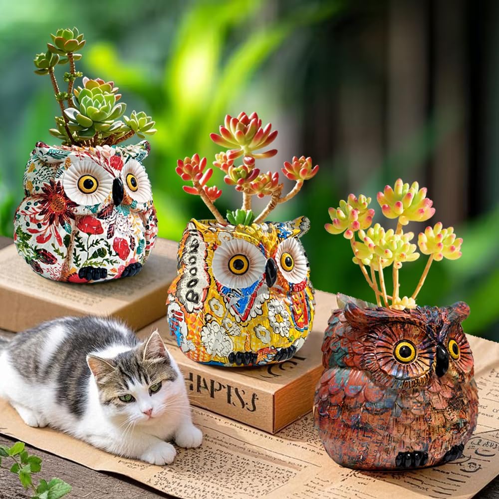 Owl Planter, Owl Succulent Pots, Funny Plant Pots Indoor/Outdoor, Decorative Garden Flower Pot, Cute Small Planters for office Home Decor, Unique Statue Figurine Gifts for Women Mother Teacher Red