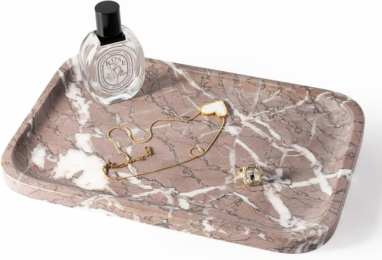 Koville Romano Travertine Tray, 12"x8" Natural Stone Vanity Tray for Countertop Bathroom Kitchen Dresser, Decorative Marble Catchall Trays for Perfume Jewelry, Rectangular Serving Tray(Beige)