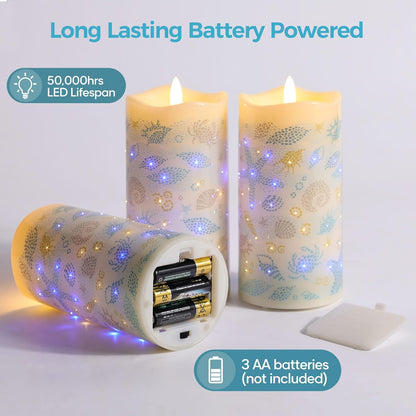 Eywamage Fiber Optic Flameless Pillar Candles with Remote Set of 3, Butterfly Floral Spring LED Candles Battery Operated Gift Φ 3" H 6"