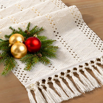 Socomi Boho Table Runner Summer Farmhouse Rustic Dining Kitchen Centerpiece Decor Small Macrame Woven Cotton Linen Coffee Table Runner for Dresser Scarf Home Decor 12x36 inch Beige