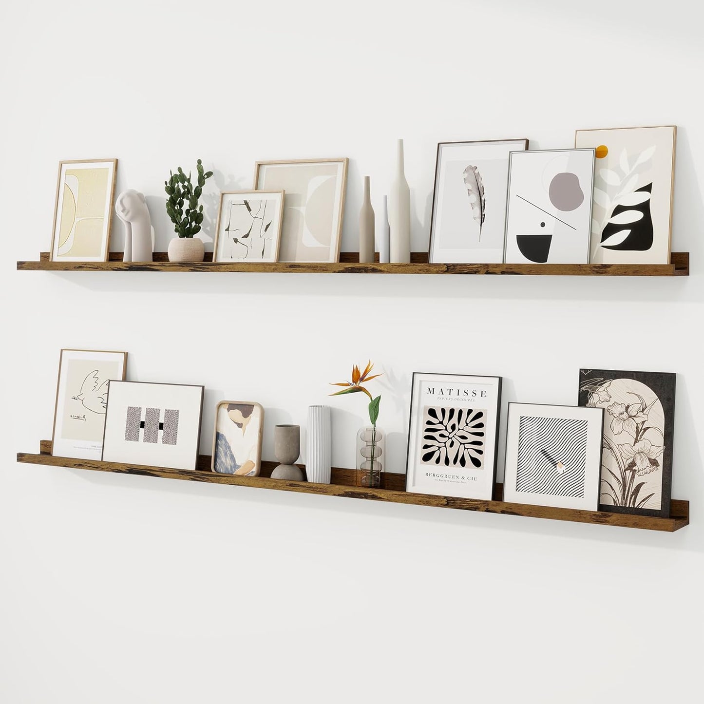 RICHFOCUS Picture Ledge Shelf, 24 inch Floating Shelves Set of 2, Wood Wall Shelves with Lip, Wall Decor Storage for Bedroom Living Room Bathroom Kitchen Nursery Photo Picture, Walnut