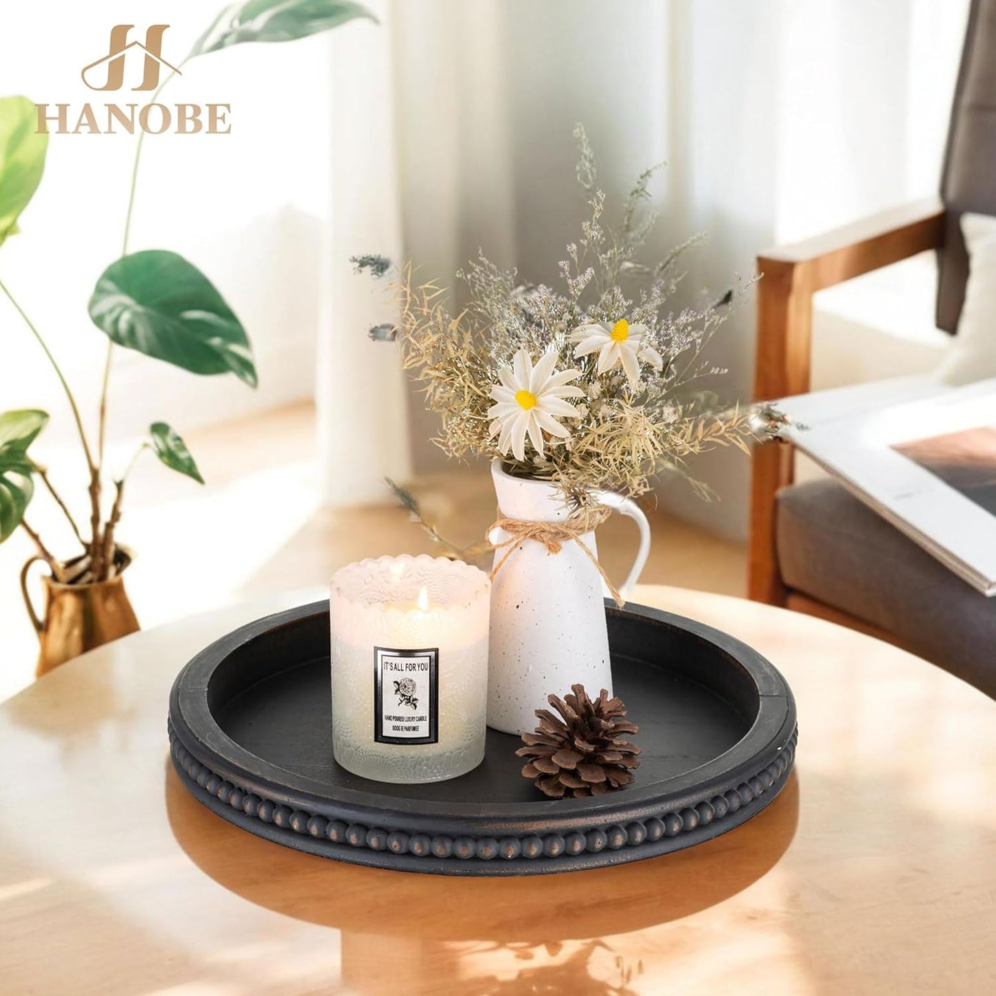 Hanobe Round Wooden Decorative Tray: White Washed Bead Tray Decor for Coffee Table Centerpiece Rustic Farmhouse Tray for Kitchen Counter Living Room Decoration