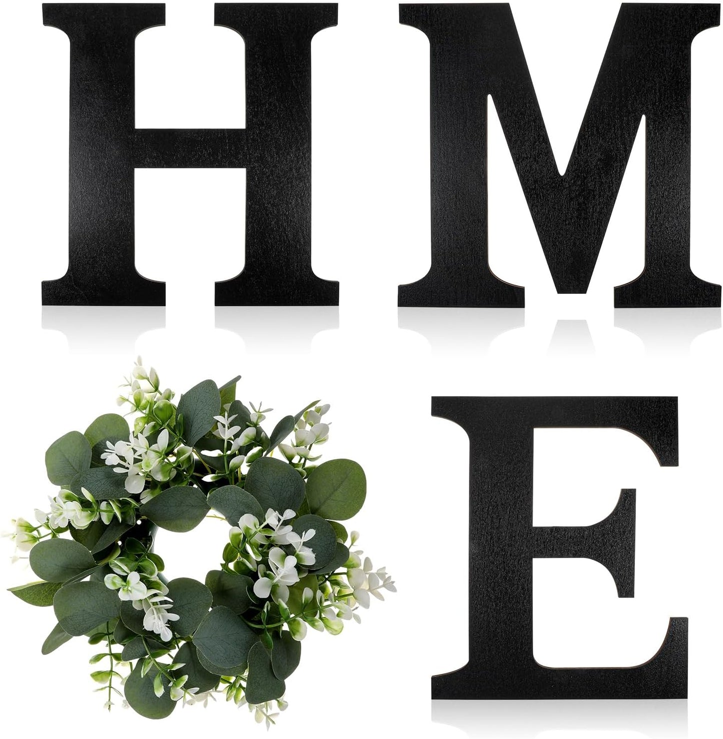 Wood Home Sign with Artificial Eucalyptus Wreath for O, Farmhouse Wall Home Sign Rustic Wooden Hanging Letters Decorative Wall Art Decor for Living Room Kitchen Housewarming Couple Gifts