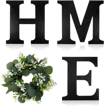 Wood Home Sign with Artificial Eucalyptus Wreath for O, Farmhouse Wall Home Sign Rustic Wooden Hanging Letters Decorative Wall Art Decor for Living Room Kitchen Housewarming Couple Gifts
