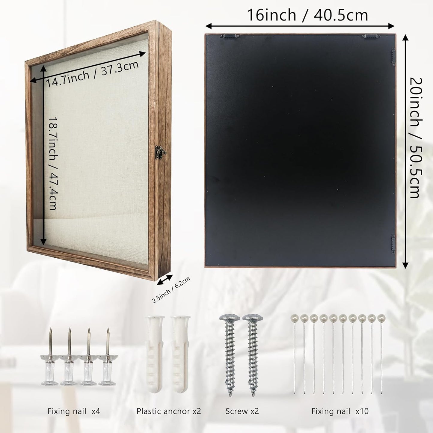 GraduationMall 13x16 Wood Shadow Box Frame Glass Door Display Case with Linen Back and 6 Stick Pins,1.5 inches Interior Depth,Ideal for Memorabilia Pictures Flowers Medals Tickets Rustic White
