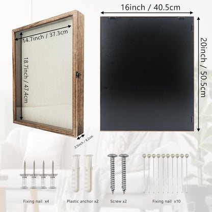 GraduationMall 13x16 Wood Shadow Box Frame Glass Door Display Case with Linen Back and 6 Stick Pins,1.5 inches Interior Depth,Ideal for Memorabilia Pictures Flowers Medals Tickets Rustic White