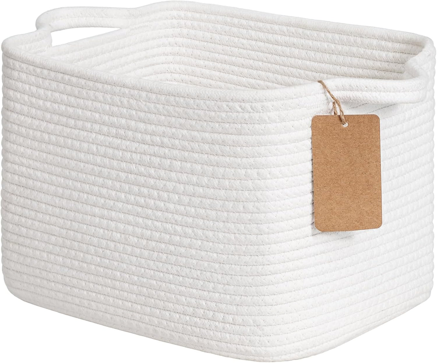 Goodpick Woven Storage Basket, Cotton Rope Basket for Dog Toys, Books, Stylish Gift Basket with Handles, 13 x 10 x 9 Inches Square Baskets for Organizing, Brown and White