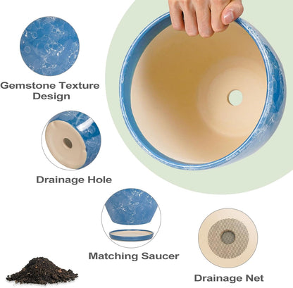 Plant Pots Indoor, Ceramic Planters Pots with Drainage Holes and Saucers, 10+8+6 Inch, Set of 3, Round Large Flower Pots for Indoor Outdoor Plants, Blue