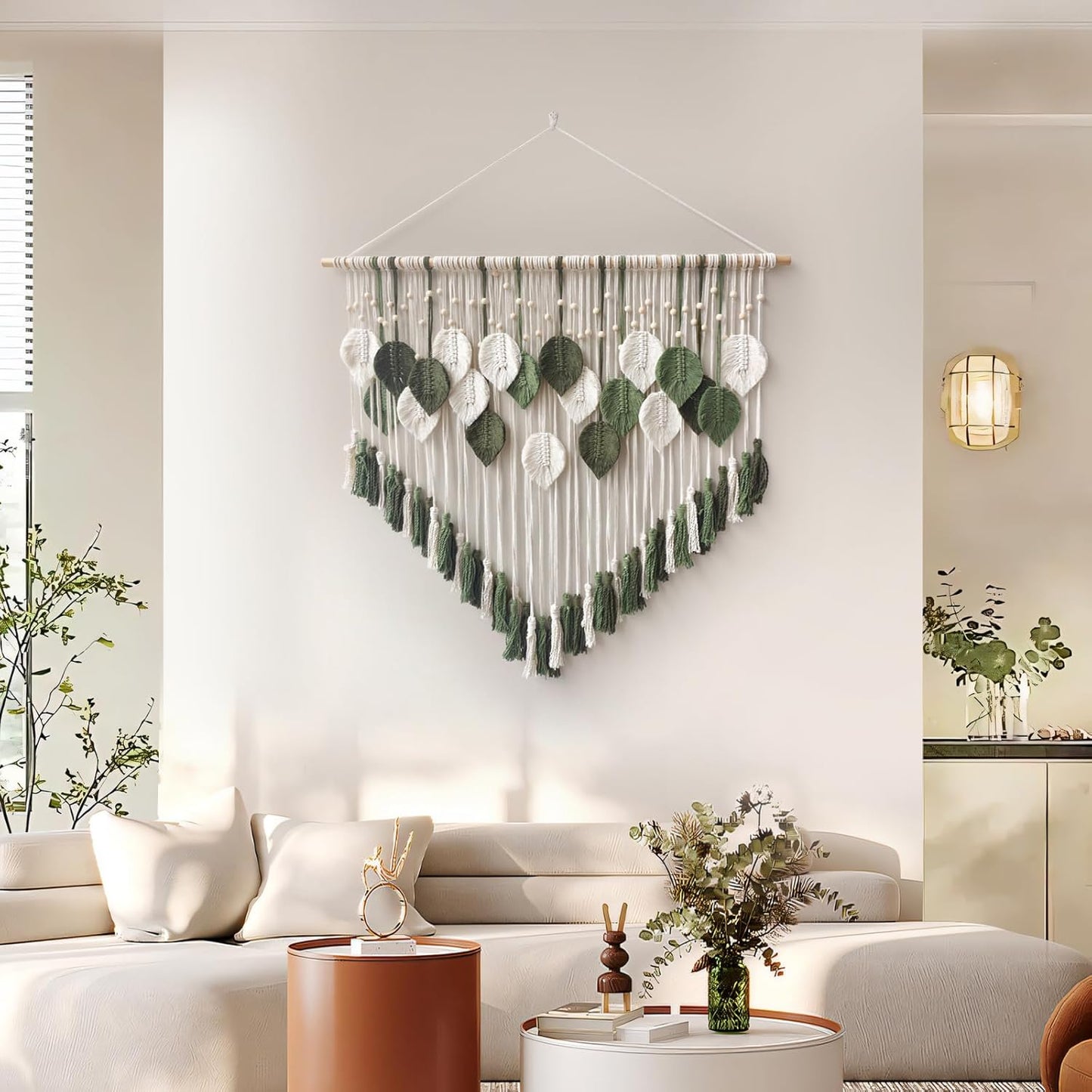 Lokeisna Macrame Wall Hanging, Woven Tapestry Beige & Dusty Rose Handmade Craft Macrame Wall Decor, Gallery & Nursery, Size 37.4” Lx27.5” W
