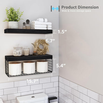 QEEIG Bathroom Shelves Over Toilet - Wall Mounted Floating Shelves Toilet Paper Storage Small Farmhouse Decor Shelf 16 inch Set of 3, Rustic Brown (019-BN3)