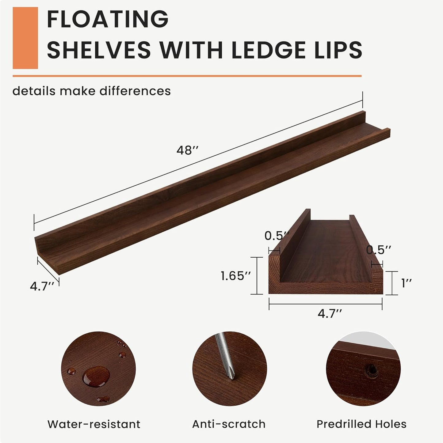 FLYJOE Picture Ledge Shelf, Floating Shelves Set of 2, Solid Pine Wood 55'' Long Large Nursery Book Shelves for Toys Storage, Kids Bookshelf for Living Room Bedroom Decor Books Photo Frames, Walnut