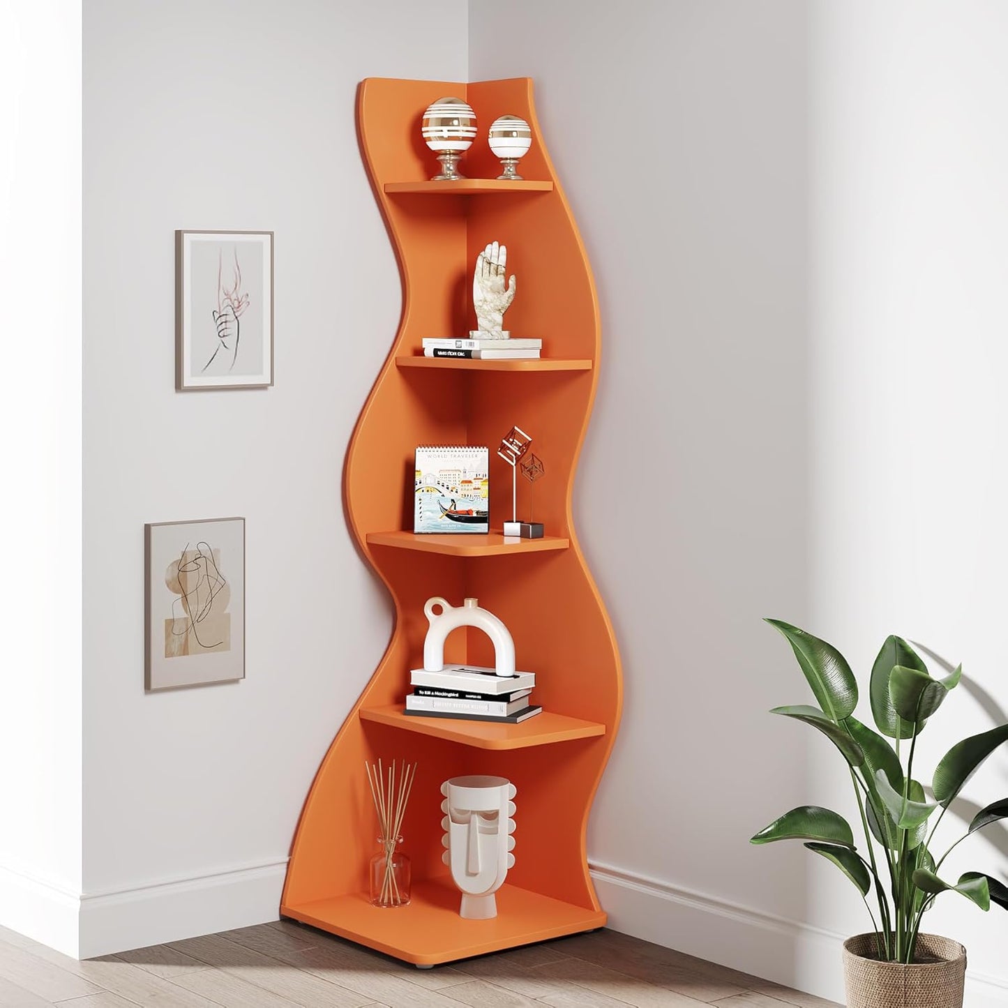 Tribesigns Corner Shelf, Modern 5-Tier Wall Corner Bookshelf, Stylish Corner Small Bookcase Storage Rack Plant Stand with Unique Shape for Living Room, Home Office (White, 1PC)