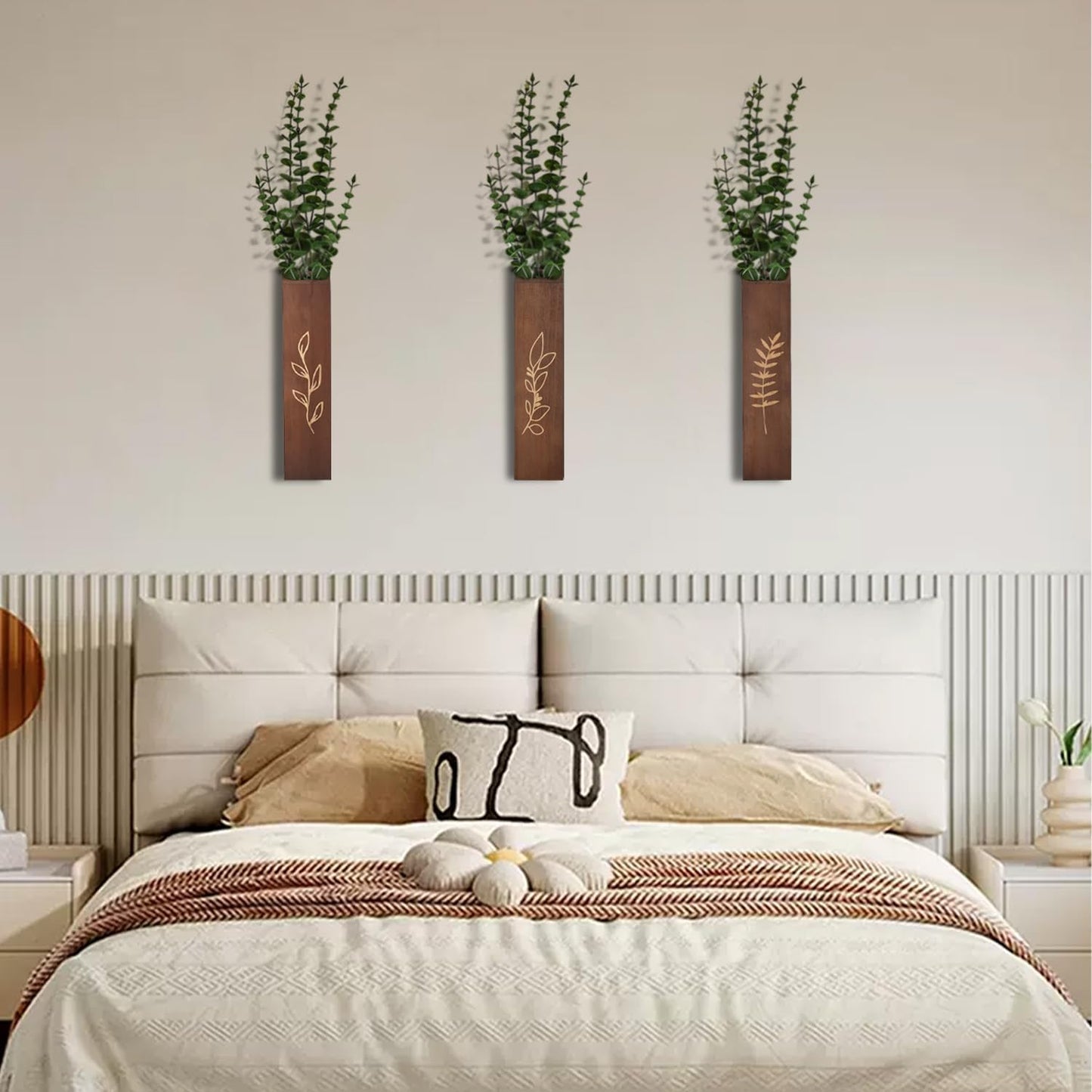 Wooden Wall Planter Set of 4 - Modern Home Decor for Living Room, Bedroom, Bathroom - Walnut Finish Planter for Dried Flowers, Faux Greenery, Indoor Plants