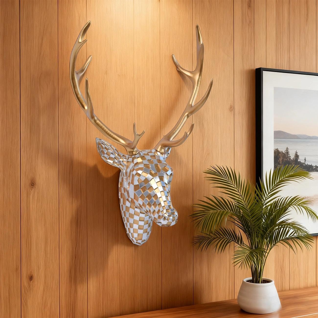 GIGICICI Mosaic Deer Head Wall Decor 15.7x8.7 Inch, Artistic Faux Resin Animal Head Wall Sculpture Hanging for Living Room Bedroom Kitchen Office, Black-White Gift
