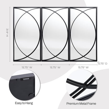 LuxenHome 3 Pieces Black Metal Rectangular Wall Mirror Set Large Vanity Mirror for Bedroom, Black Accent Metal Entryway Wall Mirror, Wall Mounted Mirror Living Room Wall Decor