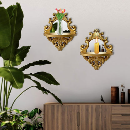 Three-Dimensional Relief Candle Sconces Set 2 Rustic Wall Mount Candle Holders Wood Hanging Wall Decor Mirrored Wall Art Hand Carved Home Decoration Gold