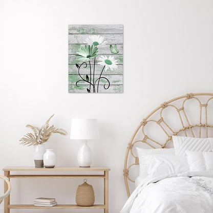 HVEST Farmhouse Floral Wall Art for Living Room, Blue and White Daisy Flower and Butterfly on Rustic Wood Board Canvas Wall Art Framed Artwork Ready to Hang for Bathroom Bedroom Decor, 16L X 12W