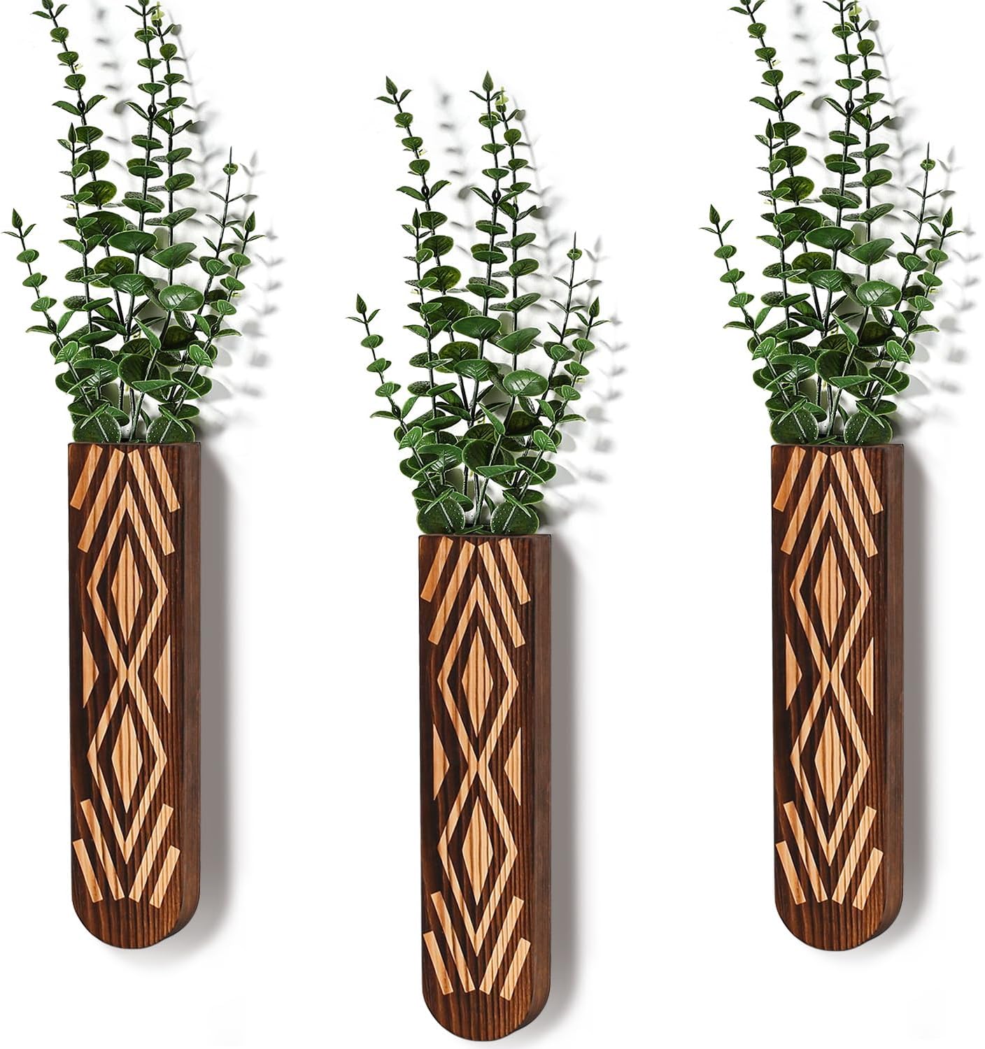 Wooden Wall Planter Set of 4 - Modern Home Decor for Living Room, Bedroom, Bathroom - Walnut Finish Planter for Dried Flowers, Faux Greenery, Indoor Plants