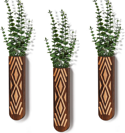 Wooden Wall Planter Set of 4 - Modern Home Decor for Living Room, Bedroom, Bathroom - Walnut Finish Planter for Dried Flowers, Faux Greenery, Indoor Plants