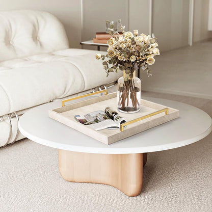 XIGEXIGE Ivory Shagreen Decorative Tray Large Rectangle Coffee Table Tray for Ottoman Faux Leather Serving Tray with Brushed Gold Handles