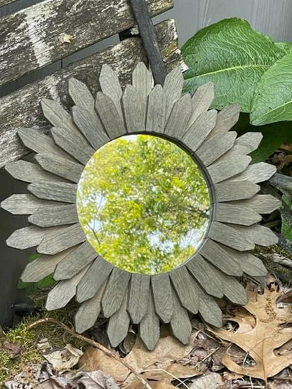 Honiway Wall Mirror Decorative 12 inch Rustic Wood Mirror Sunburst Boho Mirror for Entryway Bedroom Living Room Bathroom House Warming Gifts New Home Essential Carbonized Black