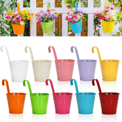 KINGLAKE Flower Pots,10 Pcs Metal Iron Hanging Flower Plant Pots Balcony Garden Plant Planter Baskets Fence Bucket Pot 4'' Flower Holders with Detachable Hook