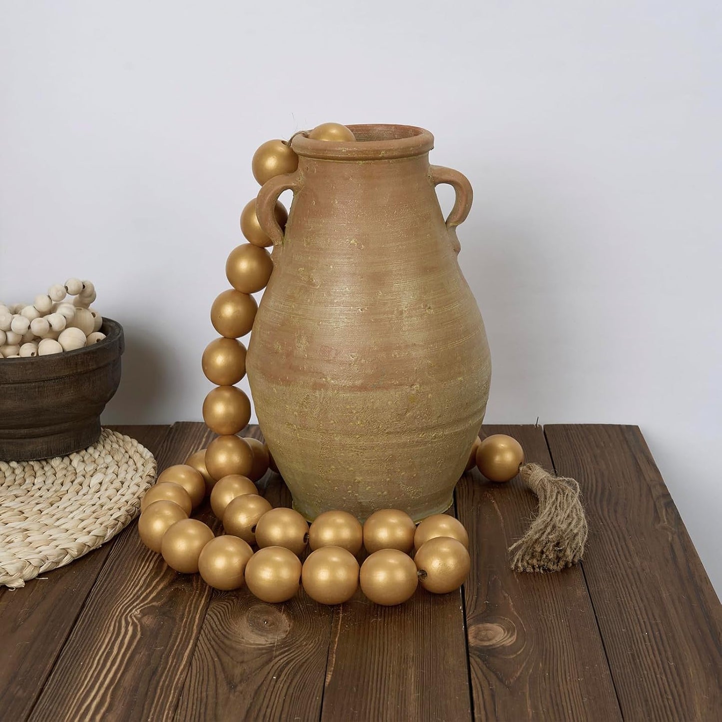 OMISHE Extra Large Wood Bead Garland with 1.6" Diameter Wooden Beads and Tassels, 41" Long Rustic Farmhouse Country Decorative Beads for Home Tiered Tray Decor, Natural Beige