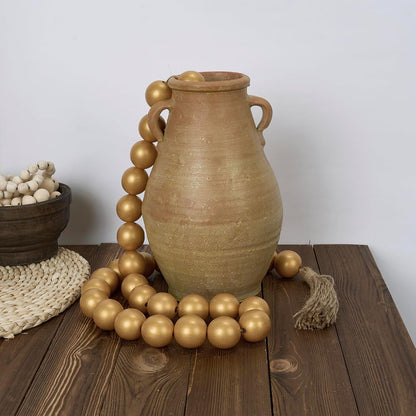 OMISHE Extra Large Wood Bead Garland with 1.6" Diameter Wooden Beads and Tassels, 41" Long Rustic Farmhouse Country Decorative Beads for Home Tiered Tray Decor, Natural Beige