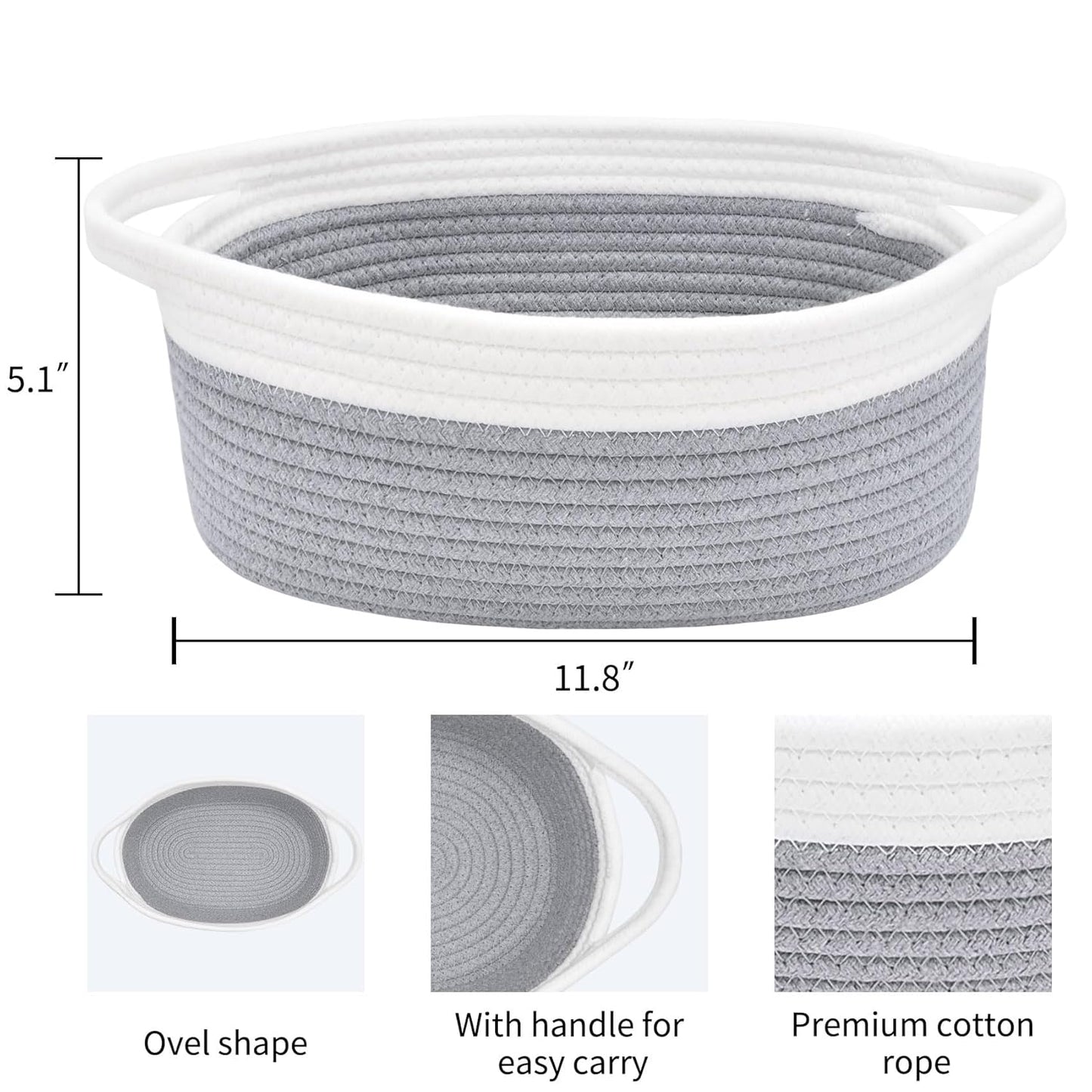 ABenkle Small Basket with Handles, Boho Decorative Rope Woven Dog Cat Toy Storage Bin Shelf Storage Organizer, Easter Christmas Gift Basket, 12"x8"x5", White