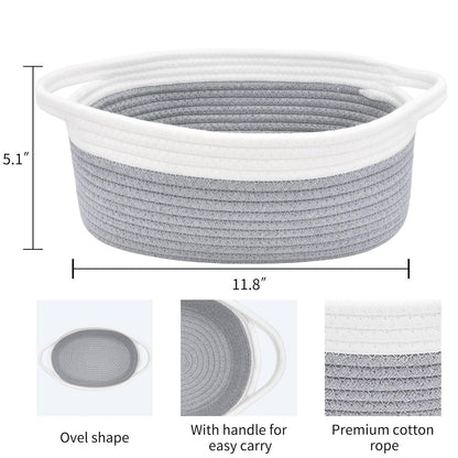 ABenkle Small Basket with Handles, Boho Decorative Rope Woven Dog Cat Toy Storage Bin Shelf Storage Organizer, Easter Christmas Gift Basket, 12"x8"x5", White