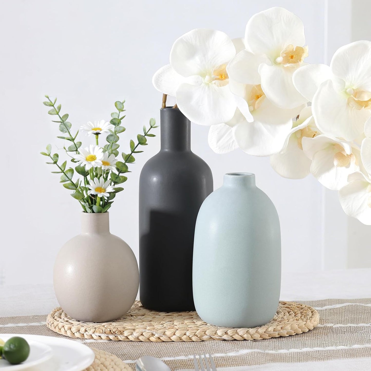 Modern Ceramic Vase Set of 5, Vases Home Decor Rustic Farmhouse Decorative Vase Pottery Vases for Bouquet Pampas Grass Dried Fresh Flowers, Table Living Room Kitchen Bedroom