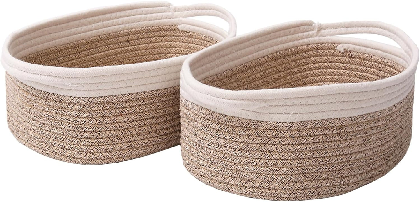 JMvicyroam Woven Basket,Small Rope Storage Bin with Handles & Ribbon Bag, Organizer for Shelves Closets,Gift Basket Empty for Birthday,Books,Dog Toys,White