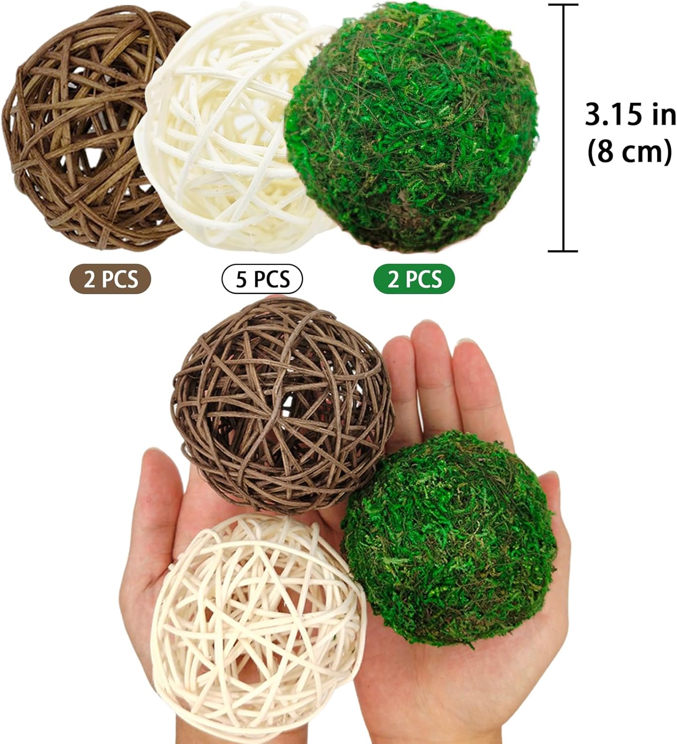 15pcs Decorative Balls for Vase Centerpiece Bowls Orbs Filler Table Decor, 2.4 in Wicker Rattan Balls and Moss Balls Set(Green + Brown + White)