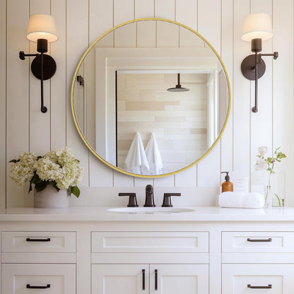 NEWBULIG 20IN Round Bathroom Wall Mirror, Modern Vanity Mirrors for Over Sink, HD Glass Decorative for Entryway, Bedroom & Living Room, Gold
