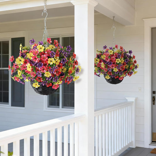 GLIDLION Artificial Flower & Eucalyptus with Hanging Basket - 2PCS Faux UV Sun Resistant Morning Glory in Planter, Fake Colorful Silk Flowers for Spring Summer Porch Patio Balcony Yard Decor (Yellow)